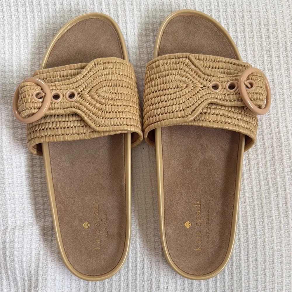 kate spade Tan Raffia Slide Sandals with Buckle Detail